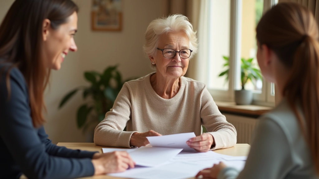 Femme âgée assise à une table avec ses enfants adultes discutant de documents financiers