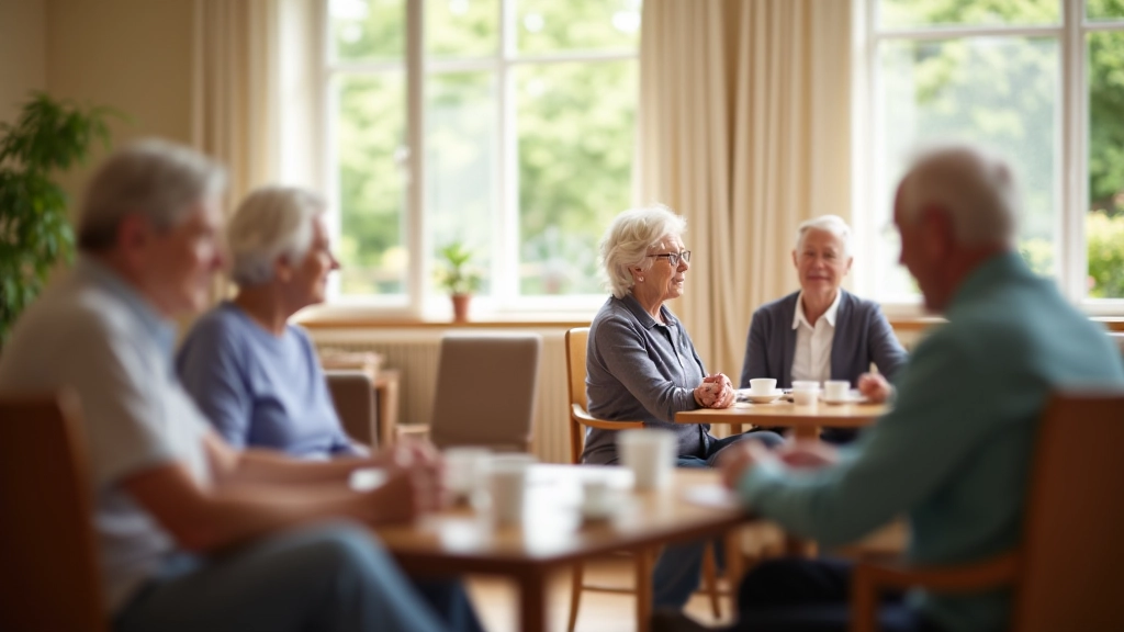 Salle commune d'une maison de retraite avec résidents en activité