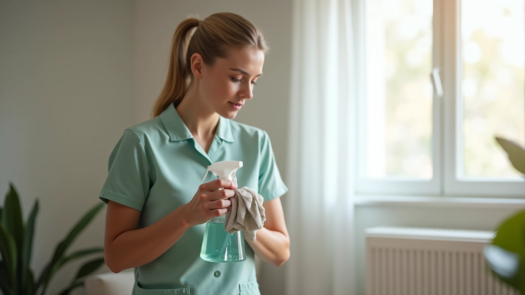 Femme aide-ménagère nettoyant l'intérieur d'une maison moderne, avec produits de nettoyage